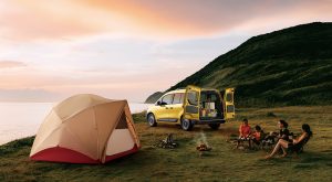 Family camping by the sea at sunset, Tokyo Bay